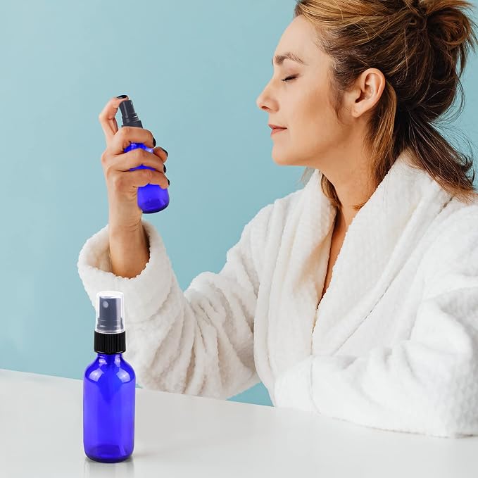 4 oz Mini Glass Spray Bottles, Empty Small Spray Bottles with Funnel Dropper, Fine Mist for Hair, Travel, Plants, Cleaning Solutions and Skin Care (4 Pack Blue)