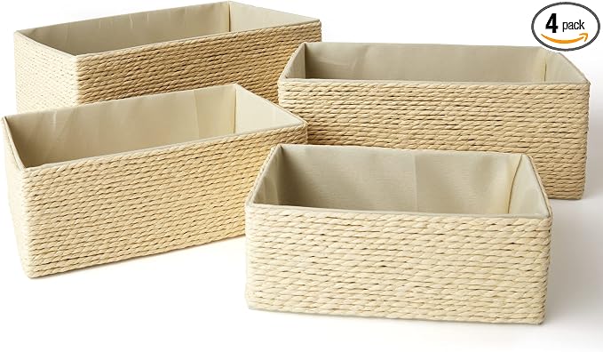 LA JOLIE MUSE Bathroom Basket Organizers, Paper Rope Storage, Beige 4 Pack | Stackable, Sturdy Lined Woven Basket, Organizer for Toilet Paper, Laundry Room Essentials, Shelves and Nightstand Drawers