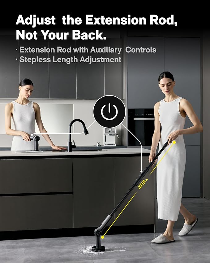 HOTO Flexi™ Cordless Electric Spin Scrubber, for Bathtub, Bathroom, Tile | Adjustable Angle, Extendable Handle, Smart Display, IPX7 Waterproof, Powerful Cleaning Scrubber with 8 Brush Heads