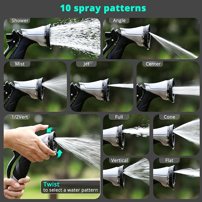 QUOBAS Metal Garden Hose Nozzle, Heavy Duty Water Hose Sprayer, Leak Proof | 10 Pattern Water Nozzle with Rubber Gasket, Garden Sprayer for Watering Plants, Washing Cars, Pet Shower, Black