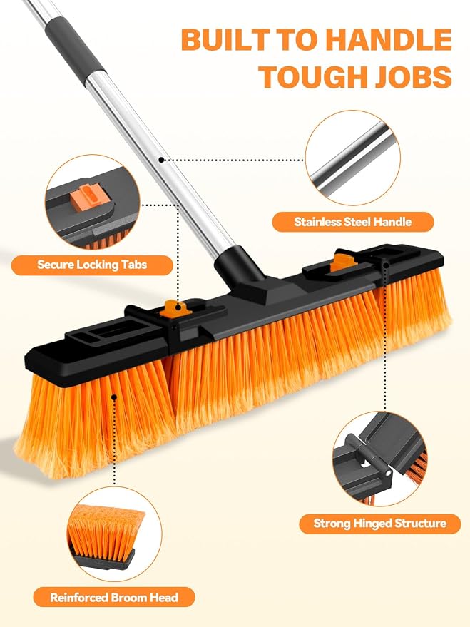 18.5" Push Broom Outdoor Heavy Duty Stiff Bristle Shop Broom with 57" Stainless Steel Long Handle Foldable Head for Corner Floor Cleaning Garage Patio Deck Concrete Indoor and Outdoor Broom