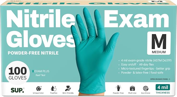 SUP Powder-Free Nitrile Exam Gloves, 100 Count Food Safe Latex-Free Disposable Gloves for Medical Lab Cooking Cleaning, Teal