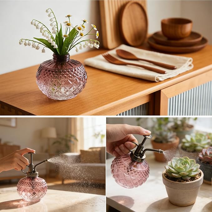 OFFIDIX Plant Mister Spray Bottle, Glass Gradient Decorative Misters 10 oz | Brown Transparent Fine Mist Bottle, 300ML Vintage Small Watering Can with Plastic Pump for Indoor Plants, Garden, Cleaning