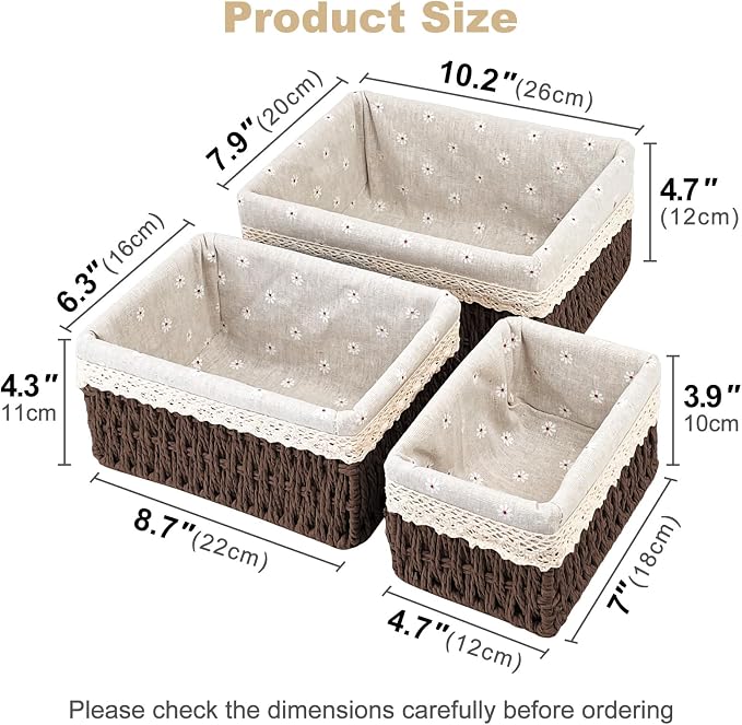 Wicker Storage Baskets 3-Pack Set, Hand-Woven Paper Rope Rattan Bins with Removable Liner, Multi-Size Organizer Baskets for Pantry, Countertop, Bedroom, Bathroom, Shelves (Dark-Brown, L+M+S)