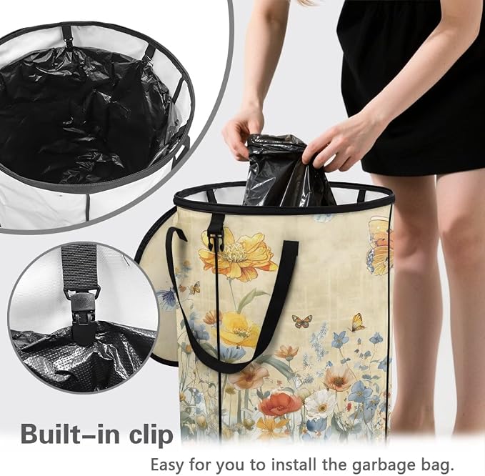 Floral Butterfly Collapsible Trash Can 24 Gallon Pop-Up Outdoor Garbage Can with Handles Waterproof Lightweight Storage Bag with Lids for Laundry Toy Room Garden Patio Camping