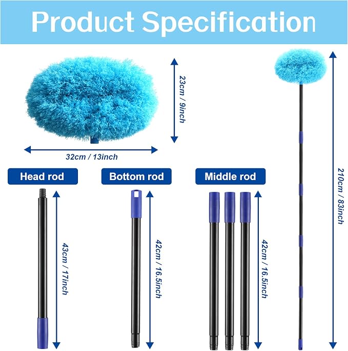 Ceiling Fan Cleaner Duster 7 Ft, Fan Duster for Ceiling Fan Blades, Removable Ceiling Fan with Long Pole, Reusable Ceiling Cleaner for High Ceilings, Fans, Furniture, Blinds
