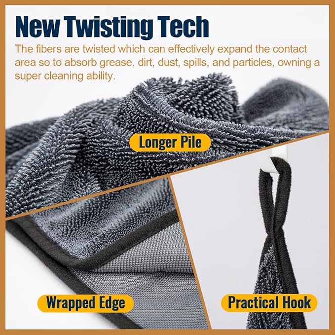 Airlab Microfiber Towels Cars Wash Drying Cleaning Cloth, Black-Grey | Thick Plush Auto Detailing Super Absorbent for Interior & Exterior Lint Free, Streak Free, 24 x 16 Inch, Pack of 2