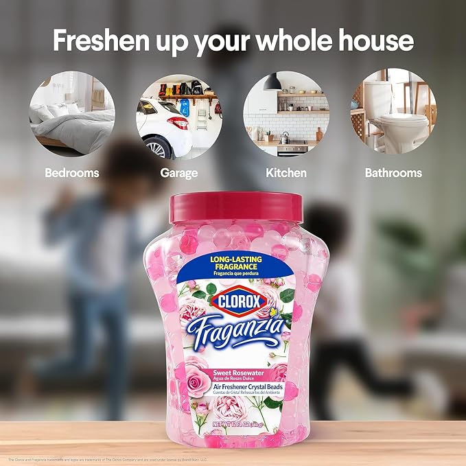 Clorox Fraganzia Crystal Beads Air Freshener, Sweet Rosewater, 12 Oz, 2-Pk | Gel bead formula, long-lasting scent, no spray or mess, home car and office use