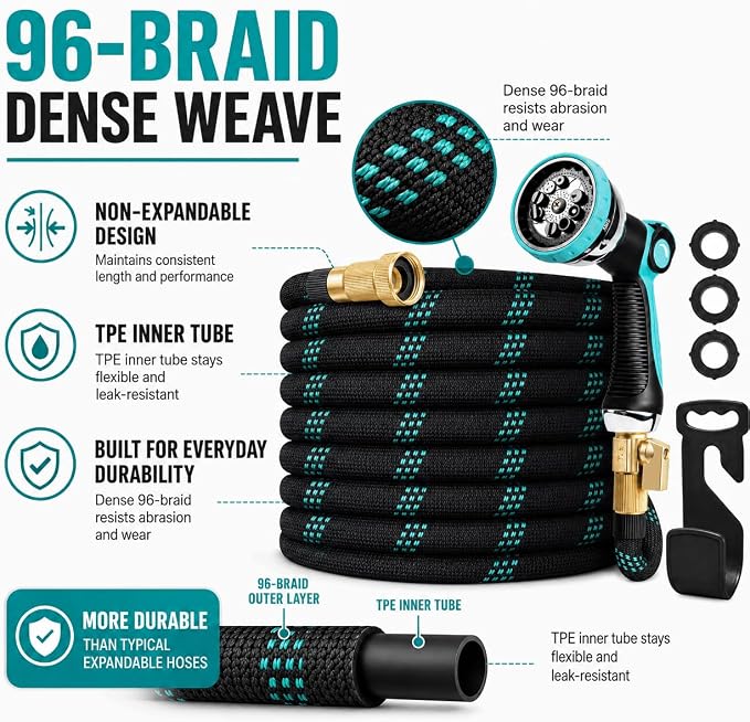 100ft Heavy Duty Garden Hose with Alloy Nozzle & Solid Brass Connectors – Lightweight, No-Kink Flexible Water Hose, 96-Spindle High-Density Weave, 12 Bar Non-Expandable TPE Core for Outdoor Yard