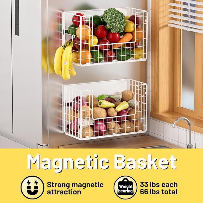 Magnetic Fridge Shelf, Fruit Potato & Onion Storage Bins, Pantry Organizers, Large Container Basket for Refrigerator, Kitchen Counter, Cabinet (1, White)