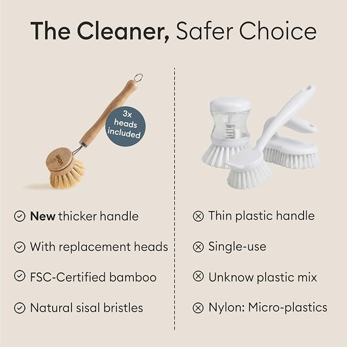 Bamboo Dish Brush with 3 Replacement Heads, Plastic-Free Kitchen Scrub Brush for Pots Pans and Dishes, FSC-Certified Bamboo Handle with Natural Fiber Bristles, Non-Toxic Zero-Waste