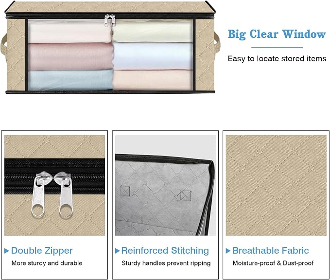 HomeHacks 8-Pack Clothes Organizer Storage Bags, 35L Storage Bins, Beige | Foldable Storage Box Container with Zippers, Clear Window, Reinforced Handles for Closet, Dorm, Pillows, Bedding, Sweater