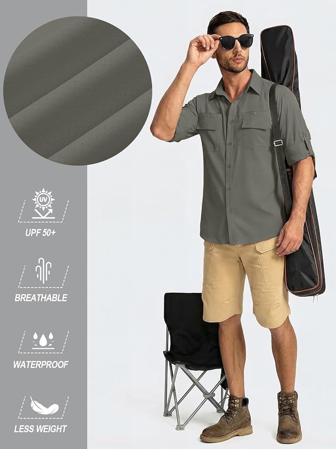 linlon Men's Safari Shirt UV Sun Protection Long Sleeve Hiking Travel | Button Down Mesh Back Vents UPF 50+ Quick Dry Breathable Cool Lightweight Outdoor Travel Fishing Gardening Clothes
