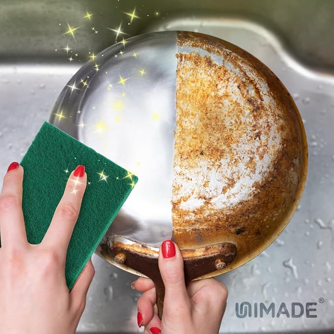 UNIMADE Heavy Duty Scouring Pads, 24Pcs Household Scour Pads | for Kitchen, Garage and Outdoors, Reusable Dish Scrubber Pads for Pan and Metal Grill - Green