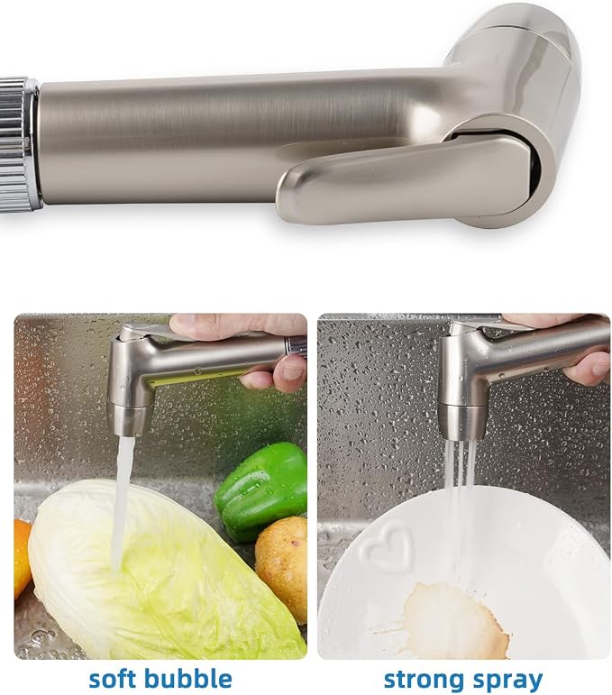 2 Mode Kitchen Sink Side Sprayer with Water Flow Restrictor, Brushed Nickel | NSF/ANSI/CAN 372 Certified, Compatible with Moen Faucet Sprayer Replacement, Kitchen Faucet Sprayer Attachment with Hose