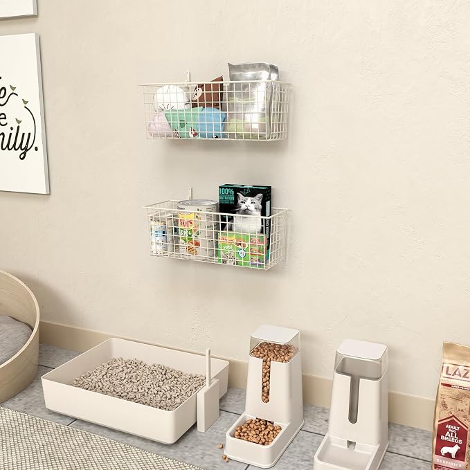 2 Sets White Extra Large Hanging Wall Basket with Steel Hooks | Metal Wire Baskets for Organizing, Wallmounted Fruit Vegetable Toy Snack Storage, Home Kitchen Bathroom Laundry Pantry