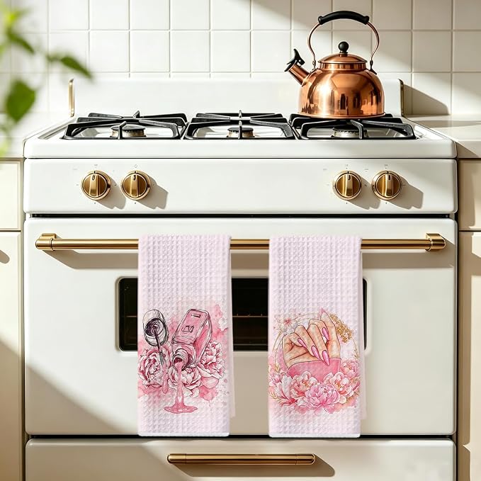 Hanamiya Na 2 Pcs Pink Hand Towels, Nail Polish Decor Reusable Dish Towels | Fashion Gifts for Women Mom Girls Friend, Waffle Weave Microfiber Towels for Bathroom Home Decor 24x14 Inch