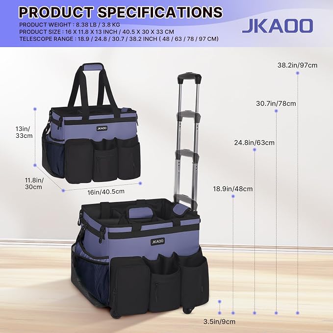 JKAOO Large Rolling Cleaning Caddy Bag with Detachable Trolley, Denim Blue | Waterproof Cleaning Caddy with Wheels, 40L Wheeled Organizer Cart for Supplies, Housekeepers, Home, Office, Car, Picnic