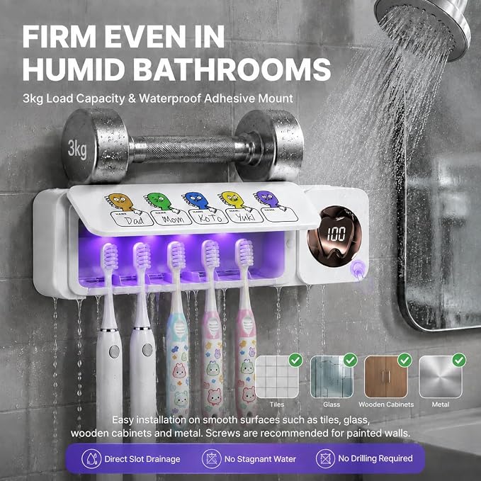 Toothbrush Holders Wall Mounted Name Labels No Drill for Family & Bathrooms | 5 name slots wall mount toothbrush holders, strong adhesive, fits electric/manual, 30-day bat, stops when open, HD display