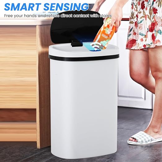 BLKMTY 13-Gallon Kitchen Trash Can, 50L Plastic Garbage Can, Automatic Touch Free Garbage Bin, Motion Sensor Trash Can with Lid, Tall Waste Bin for Home Office Bathroom Touchless, White