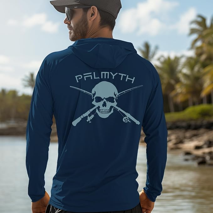 Palmyth Men's Fishing Hoodie UPF 50+ Long Sleeve with Face Mask Neck Gaiter | Zipper Pocket, Thumb Loops, Quick-Dry, Side Mesh Panels, Lens Cleaning Cloth