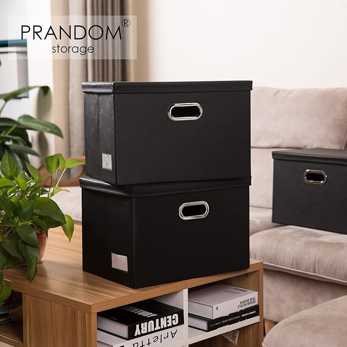 Foldable Storage Bins with Lids [5-Pack] Leather Fabric Collapsible Storage Boxes Organizer Containers Baskets Cube with Cover for Bedroom Closet Office Nursery Black (14.9x10.8x10)