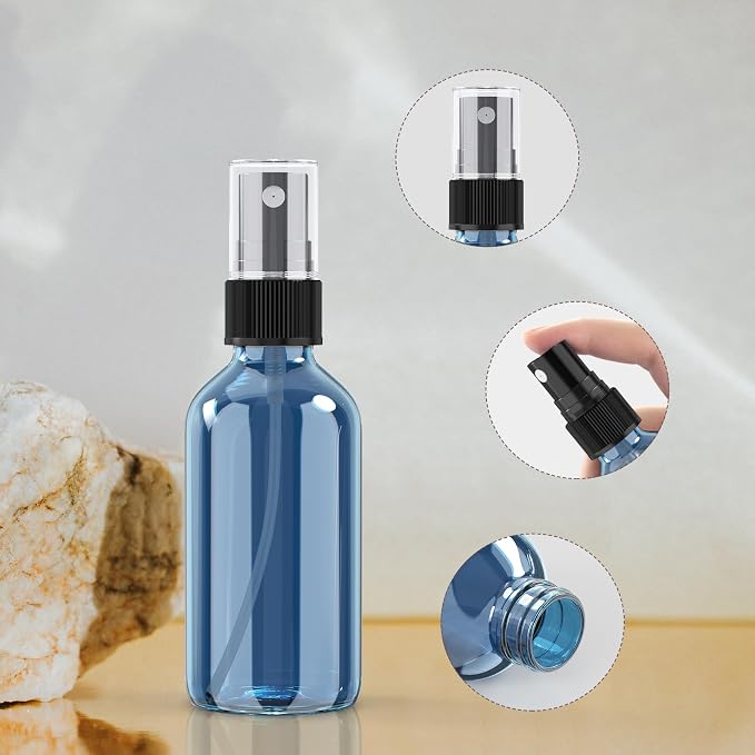 2 oz Mini Glass Spray Bottles, Empty Small Spray Bottles with Funnel Dropper, Fine Mist for Hair, Travel, Plants, Cleaning Solutions and Skin Care (4 Pack Indigo Blue)