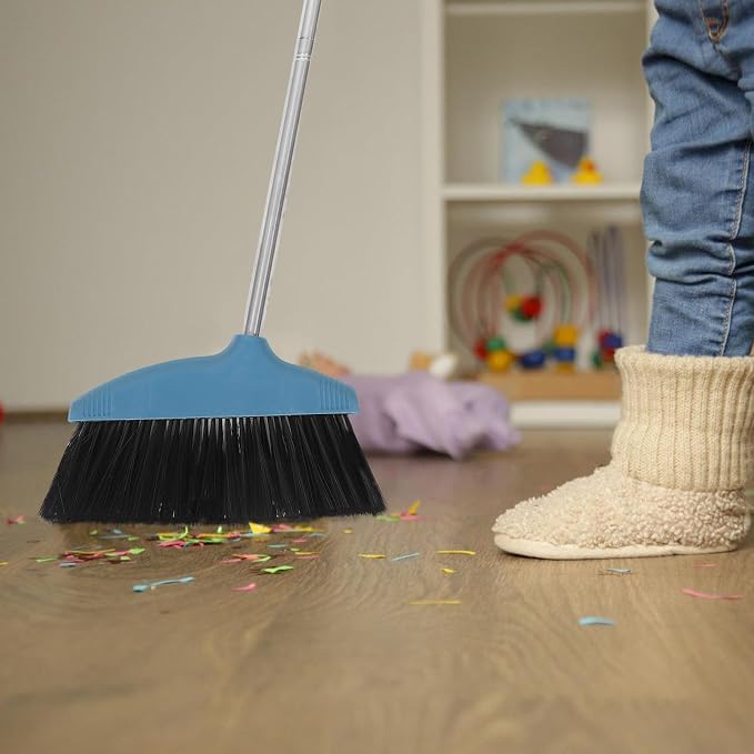 Amosfun Soft Bristle Broom with Long Metal Handle, Hair-Resistant Floor Sweeping Brush for Household Cleaning, Blue Lightweight Indoor and Outdoor Broom for Pet Hair and Dust Removal