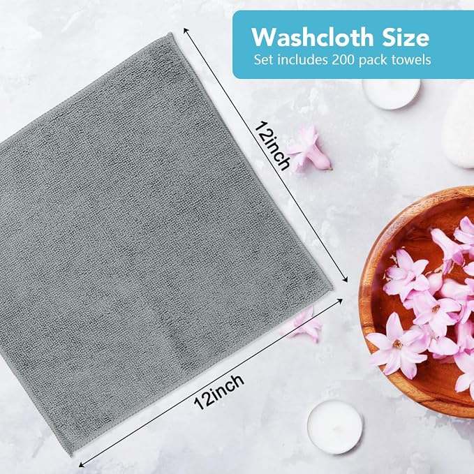 Orighty Washcloths Bulk, 200 Pack Microfiber Face Towels, 12x12 Inch Grey | Highly Absorbent & Soft Feel, Multi-Purpose Wash Cloths & Hand Towels for Bathroom, Hotel, Spa, and Gym