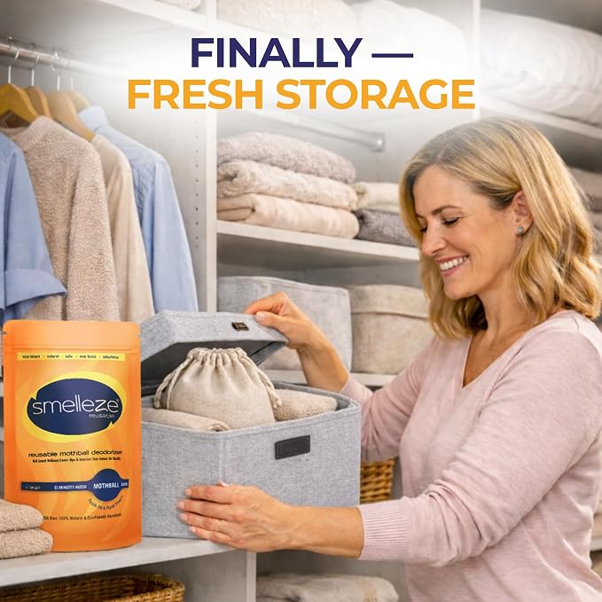 SMELLEZE Natural Mothball Smell Remover Pouch - Covers 375 sqft | Reusable Odor Eliminator for Closets, Basements, Furniture & Drawers - Eco-Friendly Formula - Unscented & Safe