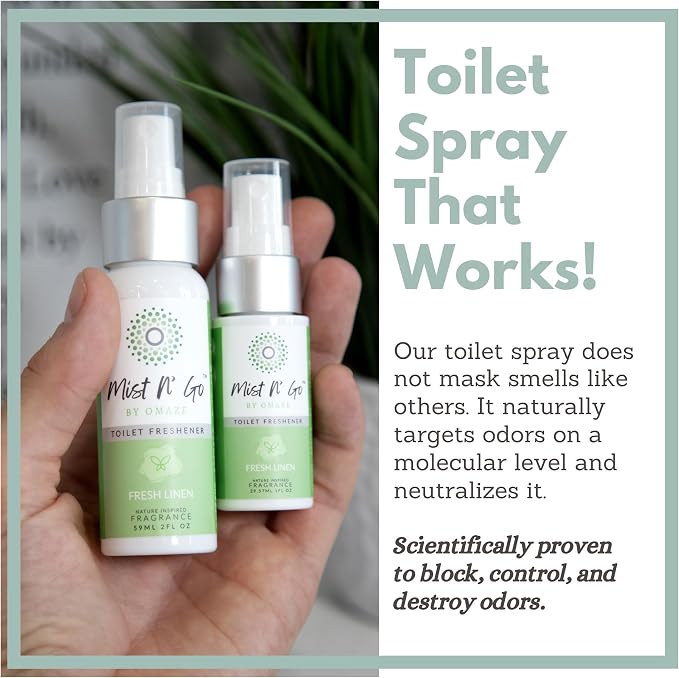 Mist N' Go by Omaze Travel Bathroom Spray - Toilet Odor Eliminator & Air Freshener - Fresh Linen (1oz x2)