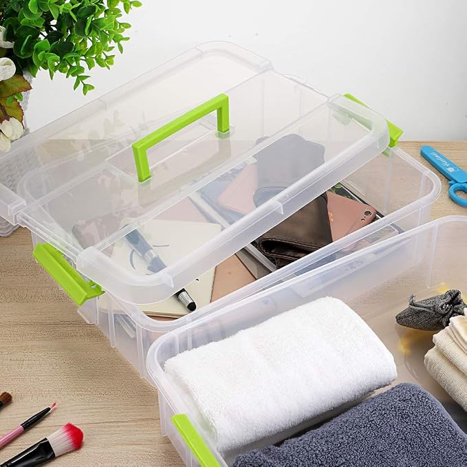 BTSKY 2 Layer Stack & Carry Box, Plastic Multipurpose Portable Storage Container Box Handled Organizer Storage Box for Organizing Stationery, Sewing, Art Craft, Jewelry and Beauty Supplies Green | Multipurpose Craft Organizers and Storage for Organizin...