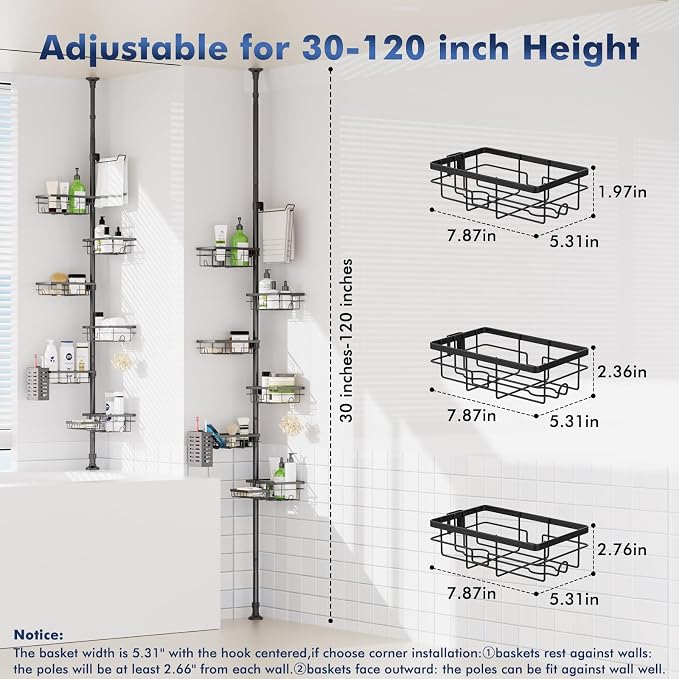 Shower Caddy Organizer Tension Pole, Corner Shower Shelves Bathroom Storage | 6 Tier Shelf, Rustproof 30-120’’ Adjustable, Towel Bar&Soap Dish for Bathroom Organizers, Shower Rack for Inside Shower,Black