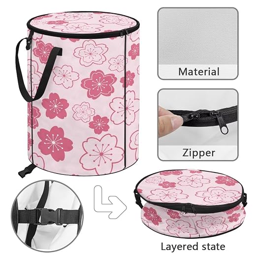 BIGCARJOB Cherry Blossoms Print Portable Trash Can Large Folding Big Trash Can with Lid Storage Bag Pop Up Trash Cans for Parties, 22.83x17.71 in