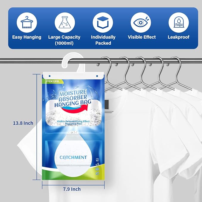 Moisture Absorber Packets 14-Packs, 15 oz Hanging Dehumidifier Bags, Fragrance Free Humidity Packs for Closet, Bathroom, Kitchen, 420g/Pack | Strong Absorption, Fragrance Free, Closet, Enclosed Spaces, Bathroom, 420g/Pack