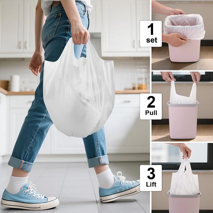 1.6 Gallon Mini Trash Bags For Bathroom - With Handles White Small Garbage Bags（Fit 1.3-1.5Gal）100 Count 6 Liter Biodegradable Compost Waste Basket Liners Unscented Kitchen Office Car Chenyucheng