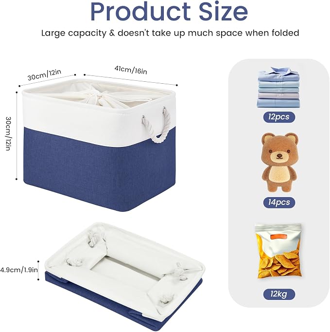 16x12x12 In Foldable Fabric Large Storage Bins with Handle 1 Pack | Storage Basket with Draw String Top, Sturdy Metal Strand, Cardboard Support Molding, for Shelf, Closet, Bedroom, White/Blue