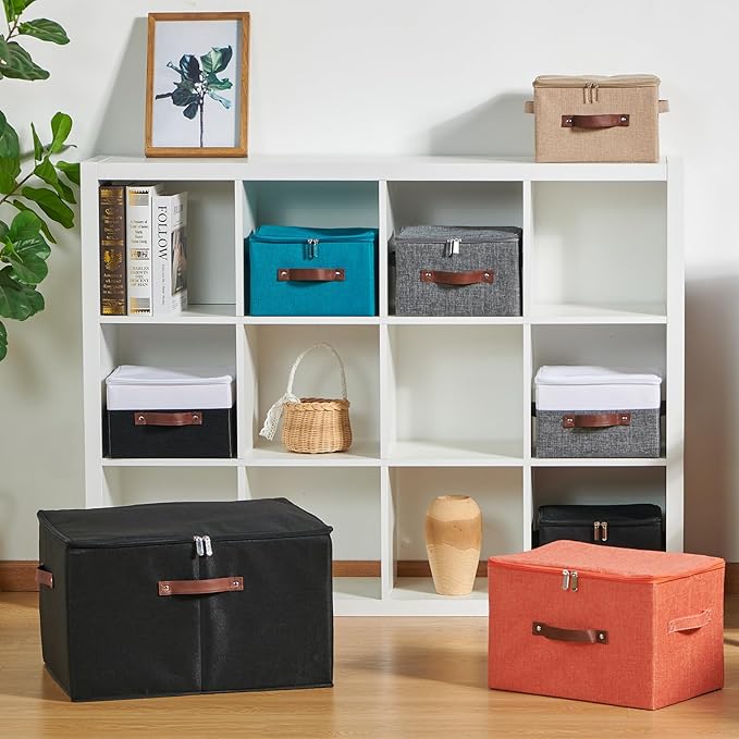 4PCS Storage Bins with Zipper Lids Decorative Lidded Basket Box | Clothes Container, Closet Shelf Organizer, Foldable Washable, Cotton Linen Fabric, w/ PU Leather Handles, Black, Large