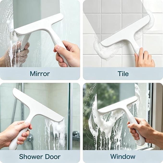 SetSail Shower Squeegee for Glass Doors,One-piece All Silicone Squeegee | Streak-Free Bathroom Squeegee for Shower Glass Window Mirror Tile Wall, Built-in Hook, Ergonomic Grip, White（9.5-inch）
