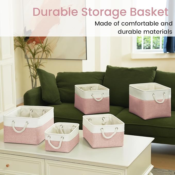 13.8x9.8x6.7 Inch Fabric Small Storage Bins with Handles 3 Pack | Foldable Storage Basket, Sturdy Metal Strand, Cardboard Support Molding, Small Baskets for Organizing, Shelves, White/Pink