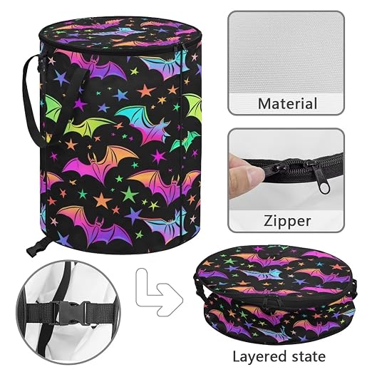 Halloween Bat Outside Garbage Can with Lid 24 Gallon Collapsible Trash Can Easy to Clean Pop-Up Storage Bag for Outdoor Parties Foldable Reusable Trash Bin Camper Must Haves