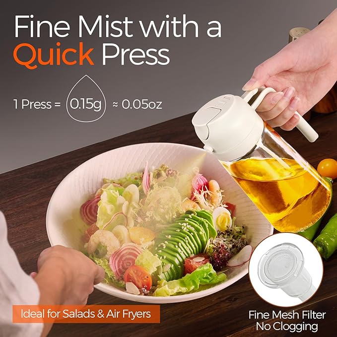 YARRAMATE 2Pcs 16oz/470ml 2 in 1 Oil Sprayer for Cooking with Stickers, Food-grade Glass Oil Spray Bottle, Oil Dispenser and Oil Sprayer for Kitchen, Salad, Frying, BBQ (White &Black) | Food-grade dispenser bottle, 470 ml, spray and pour, portion contr...