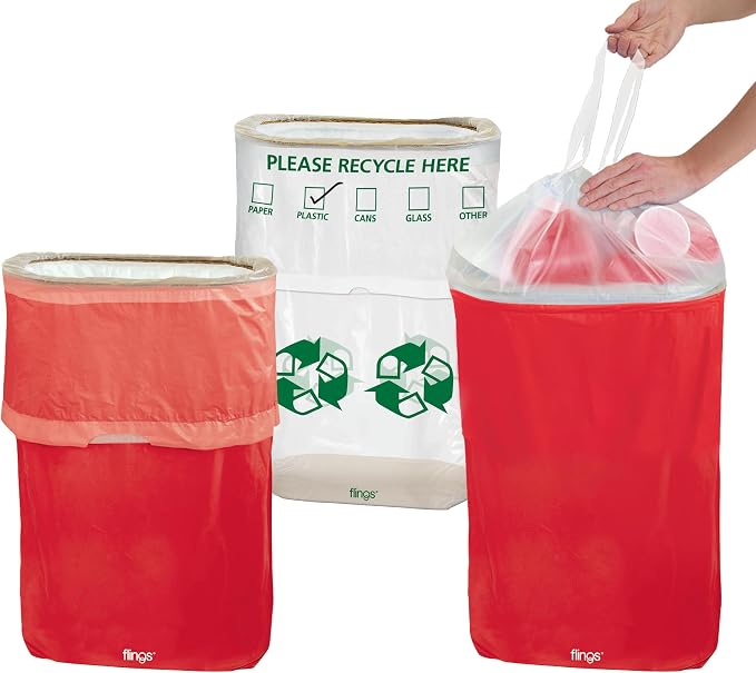 Party City Flings Plastic Bin (3-Pack) - Red (2) and Recycle (1) - 22 x 15 - Stylish & Convenient Portable Waste Solution for Events & Parties