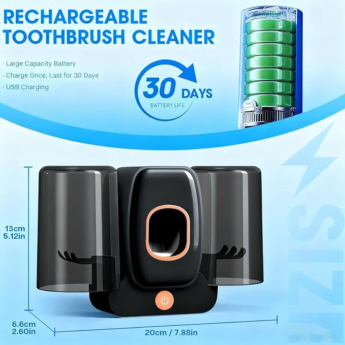 Rechargeable Toothbrush Holder,Wall Mounted Automatic Toothbrush Cleaning Tool with Toothpaste Dispenser & 2 Cups, No Drilling Bathroom Organizer for Family (Black)