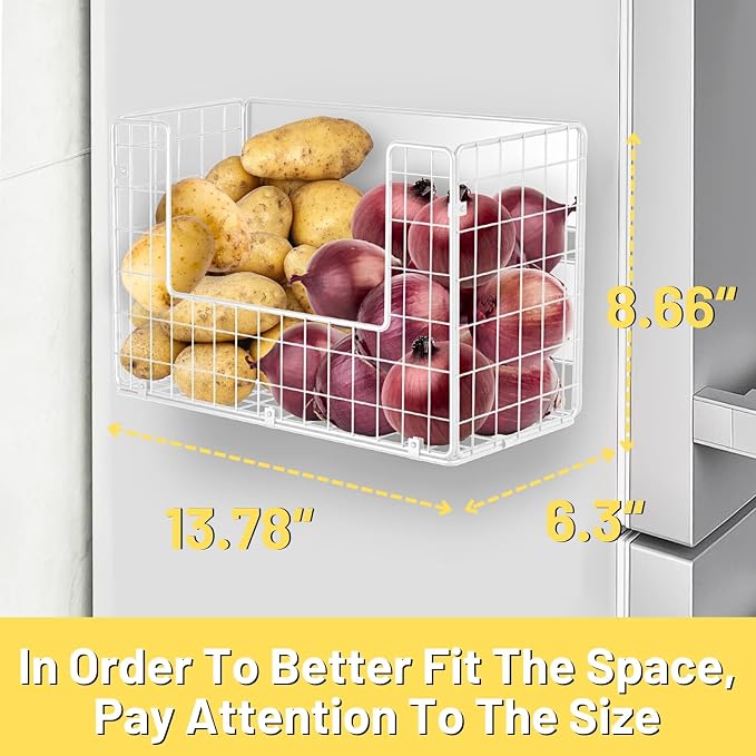 Magnetic Fridge Shelf, Fruit Potato & Onion Storage Bins, Pantry Organizers, Large Container Basket for Refrigerator, Kitchen Counter, Cabinet (2, White)