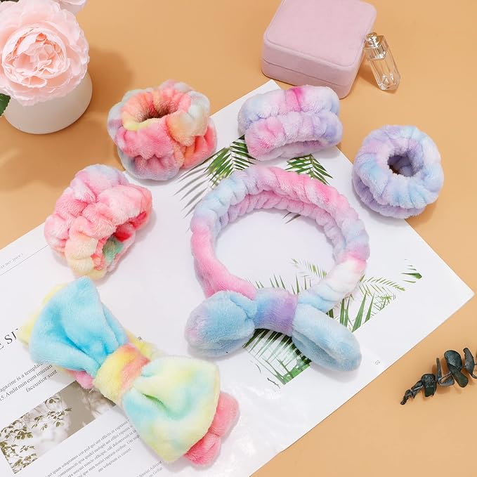 WHAVEL 6PCS Spa Headband and Wristbands Set, Face Wash Headband Wrist Bands for Washing Face Makeup Skincare Hair Band Skin Care Accessories Tools