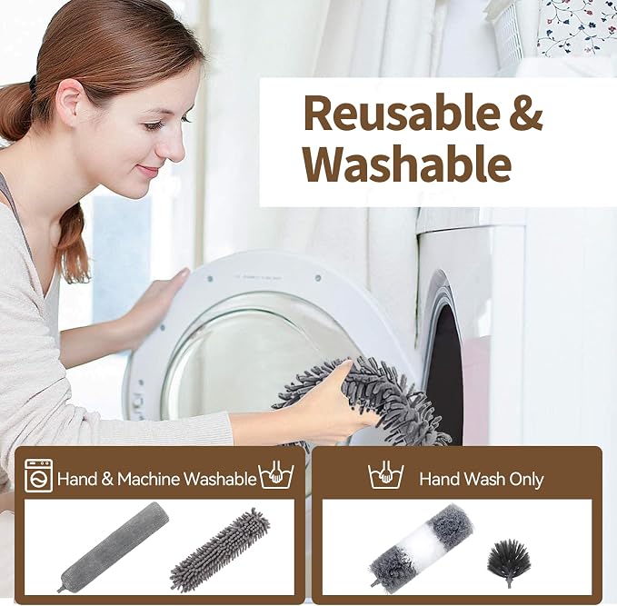 HAMEINY Microfiber Feather Duster for Cleaning 5-in-1 Kit 100" Extendable | Furniture Dusters with Extension Pole 100 Inches High Ceiling Fan Dusters Cobweb Duster for Car Wall Blinds Cleaning Dusting