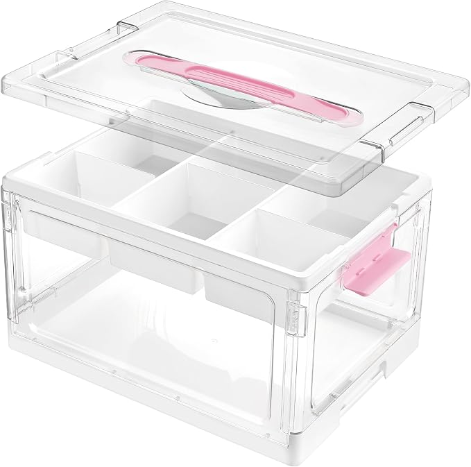 Vtopmart 24 QT Clear Craft Organizer with Removable Tray & Dividers,Pink,1 Pack | Storage Box for Coloring Books, Modeling Clay, Molds and Art Supplies, Removable Tray for Craft Supplies Organization