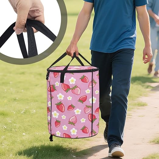 BIGCARJOB Strawberry Daisy Foldable Trash Can Outside Waste Basket Bin Water Resistant Garbage Bag 22.83x17.71 Recycling Bin Trash Can Bag with Zipperd Lid and Clip