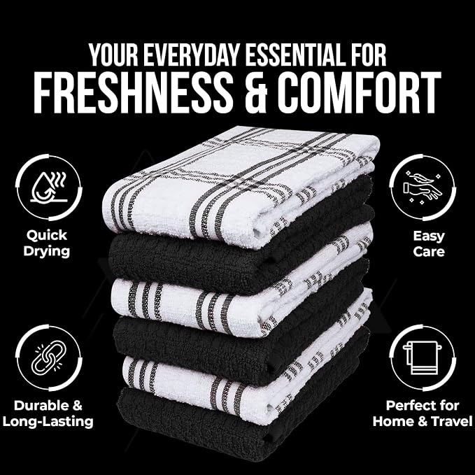DAN RIVER Black Kitchen Towels, 6 Pack, 16x26 Inches Absorbent Dish Towels | Soft 100% cotton kitchen towels for drying dishes, wiping countertops,handling everyday kitchen messes,absorbent dish towels